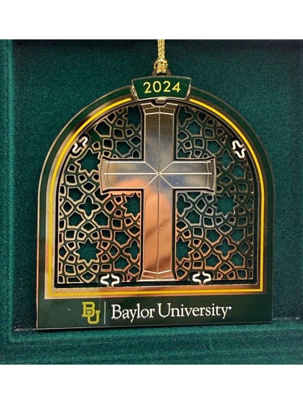 Baylor University Christmas Ornament 2024 Robbins Chapel Brass-Plated Cross Box